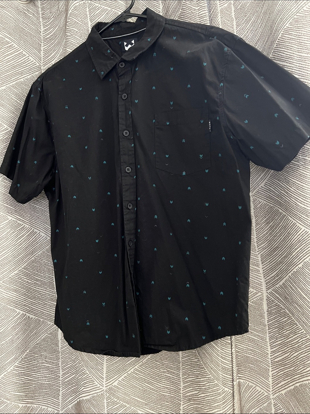 Black Short-Sleeve Button-Up Shirt with Teal Micro Print